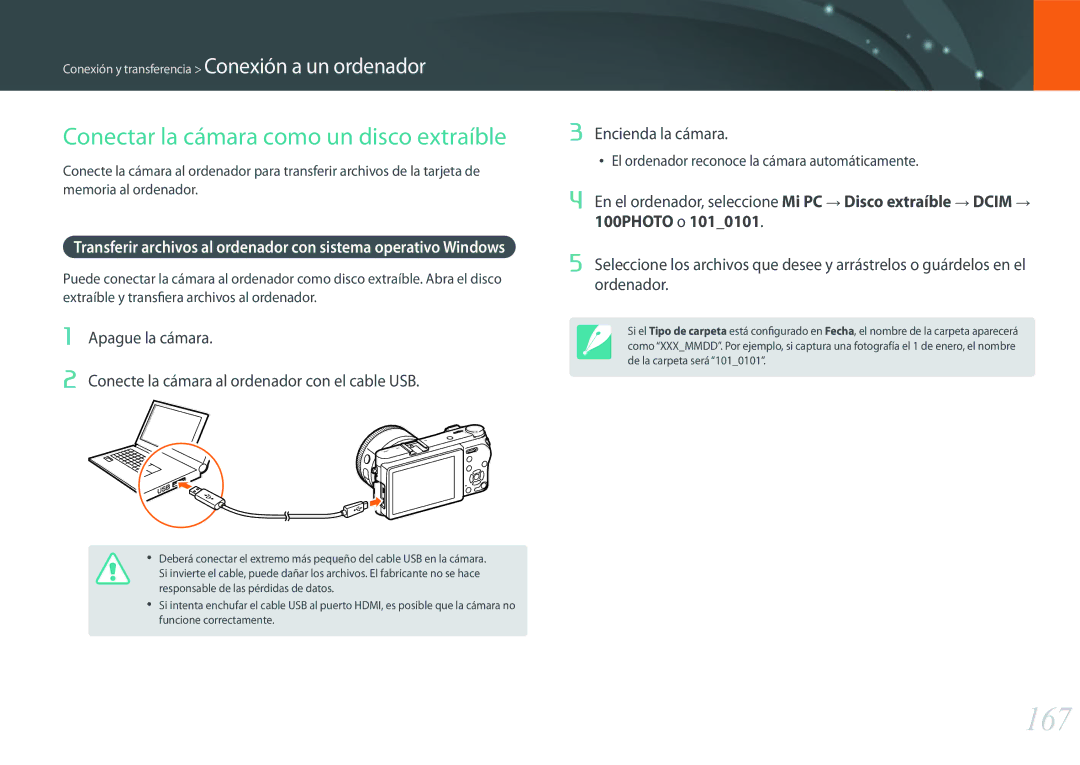 Samsung EV-NX500ZBMIES, EV-NX500ZBMHES manual 167, Conectar la cámara como un disco extraíble, Apague la cámara, 100PHOTO o 