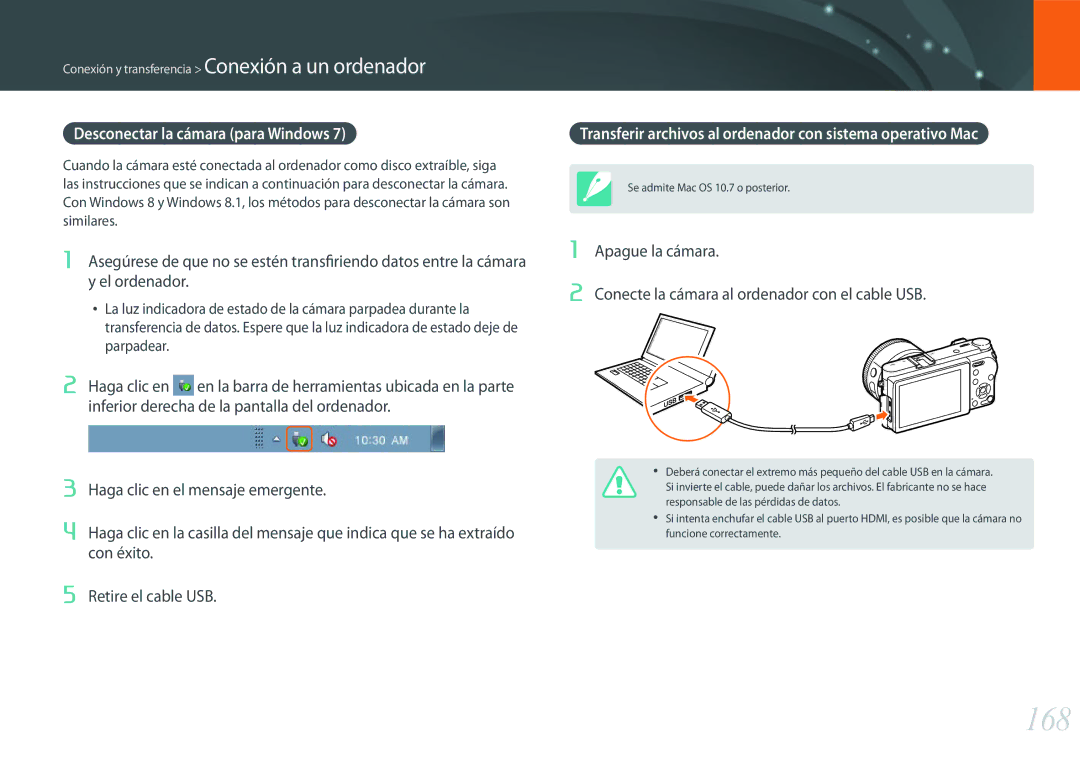 Samsung EV-NX500ZBMHES 168, Desconectar la cámara para Windows, Transferir archivos al ordenador con sistema operativo Mac 