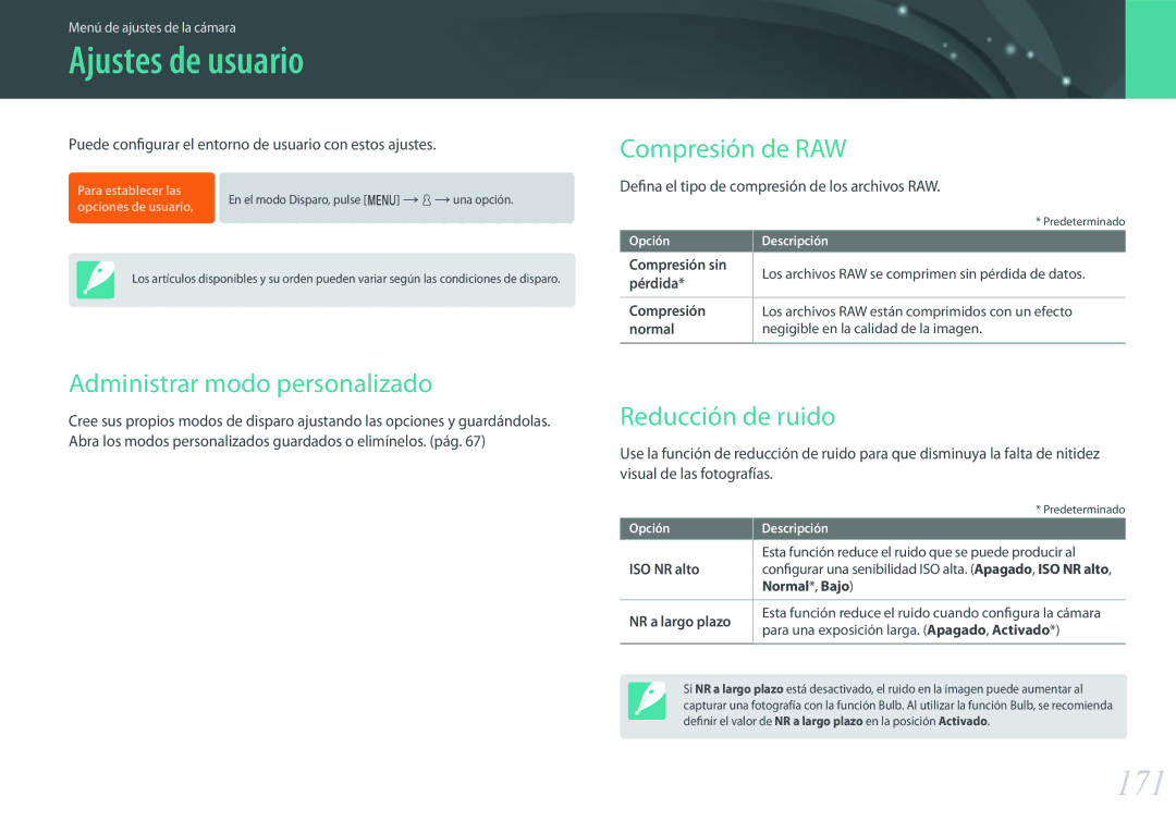 Samsung EV-NX500ZBMIES Ajustes de usuario, 171, Administrar modo personalizado, Compresión de RAW, Reducción de ruido 