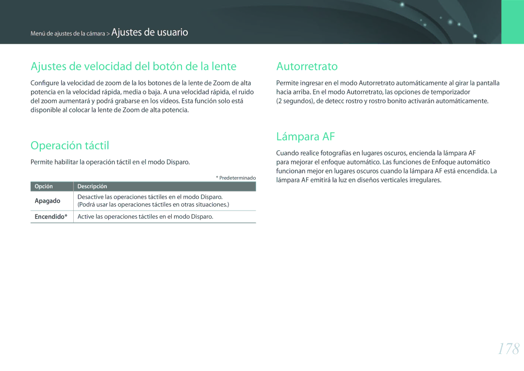 Samsung EV-NX500ZBMHES manual 178, Ajustes de velocidad del botón de la lente, Autorretrato, Operación táctil, Lámpara AF 