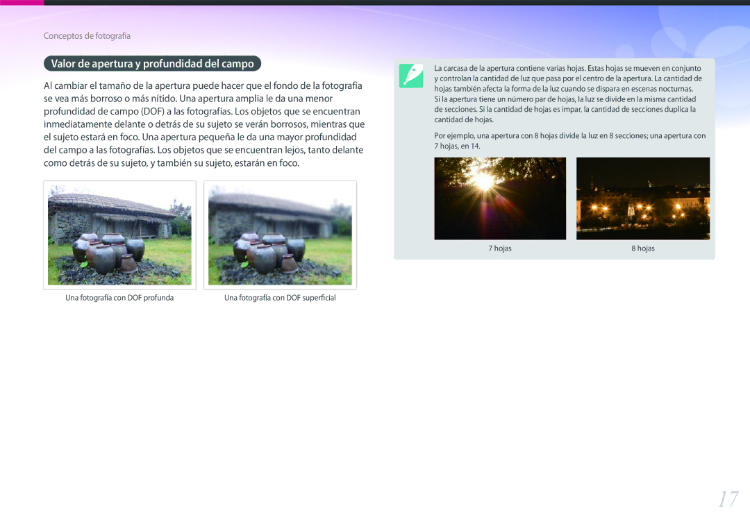 Samsung EV-NX500ZBMIES, EV-NX500ZBMHES manual Valor de apertura y profundidad del campo 