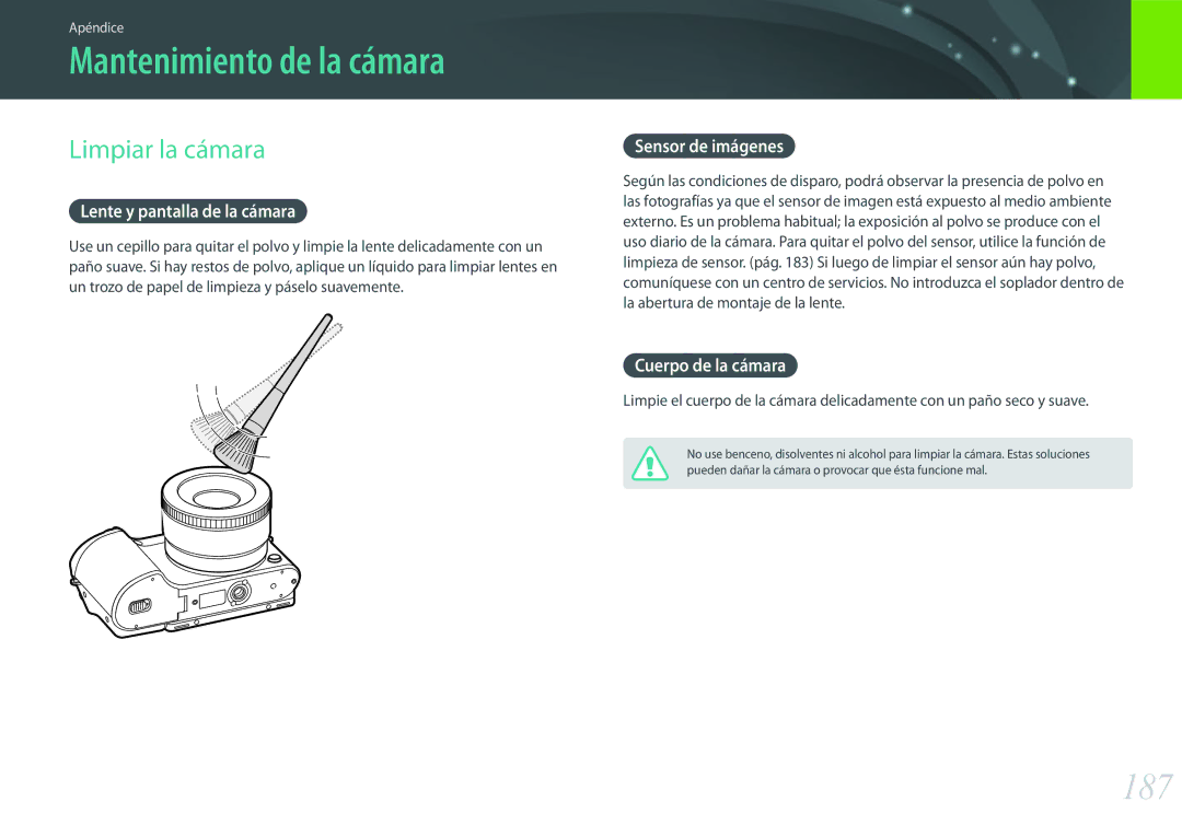 Samsung EV-NX500ZBMIES, EV-NX500ZBMHES manual Mantenimiento de la cámara, 187, Limpiar la cámara 