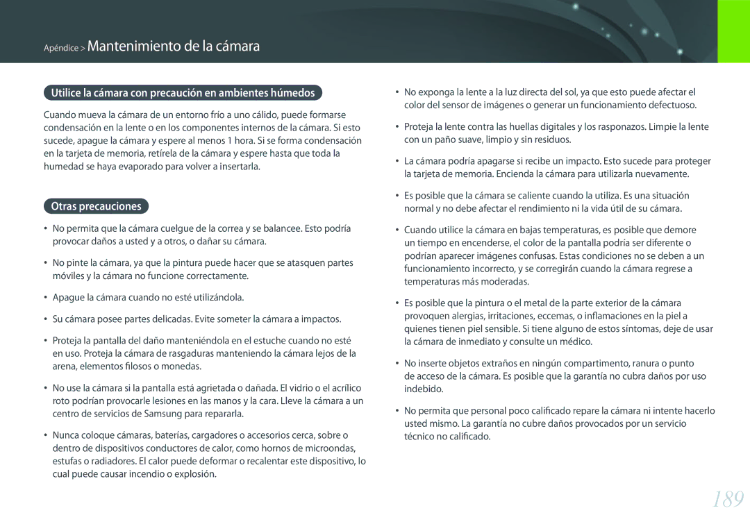 Samsung EV-NX500ZBMIES, EV-NX500ZBMHES manual 189, Utilice la cámara con precaución en ambientes húmedos, Otras precauciones 