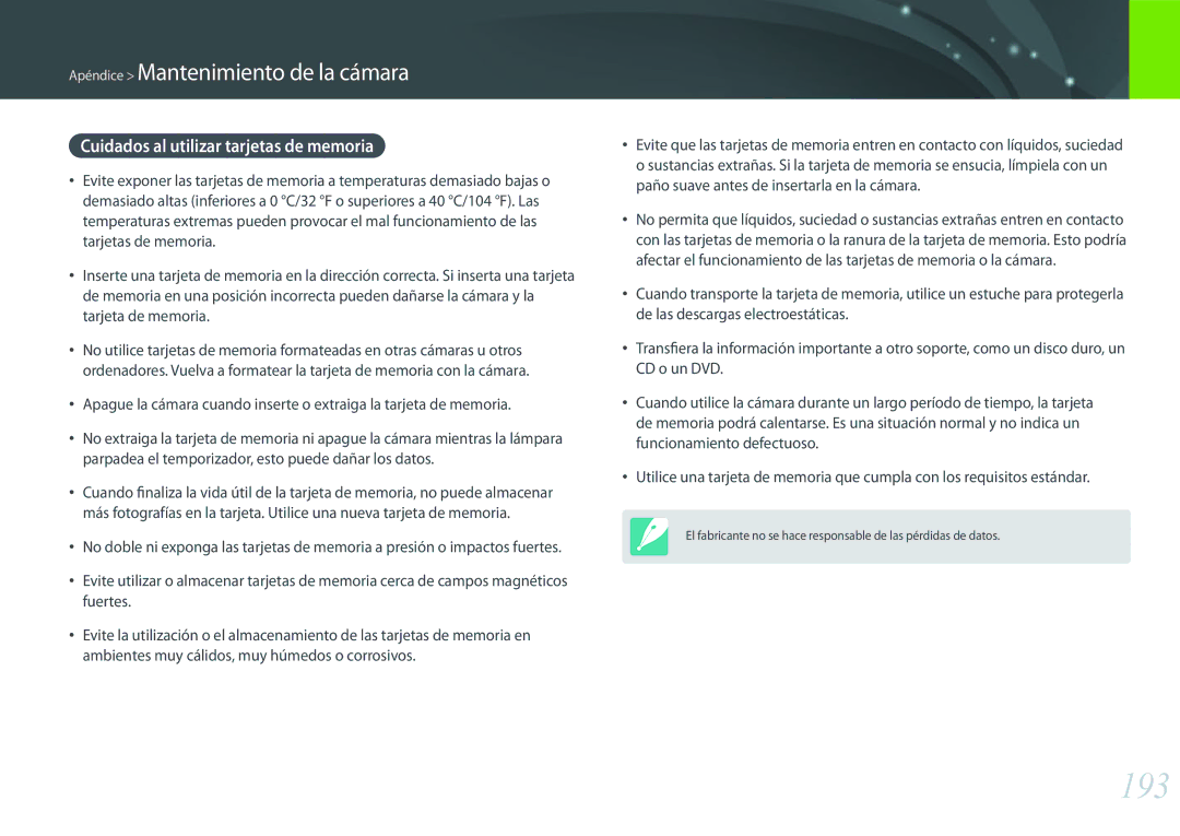 Samsung EV-NX500ZBMIES, EV-NX500ZBMHES manual 193, Cuidados al utilizar tarjetas de memoria 