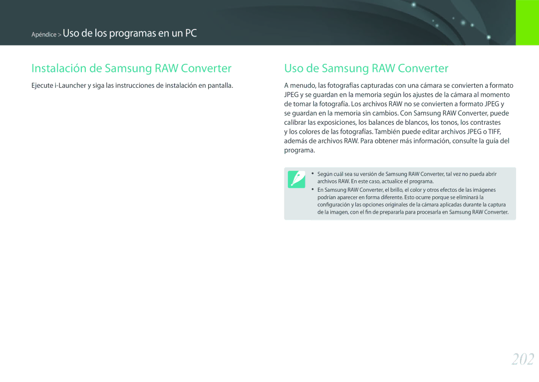 Samsung EV-NX500ZBMHES, EV-NX500ZBMIES manual 202, Instalación de Samsung RAW Converter, Uso de Samsung RAW Converter 