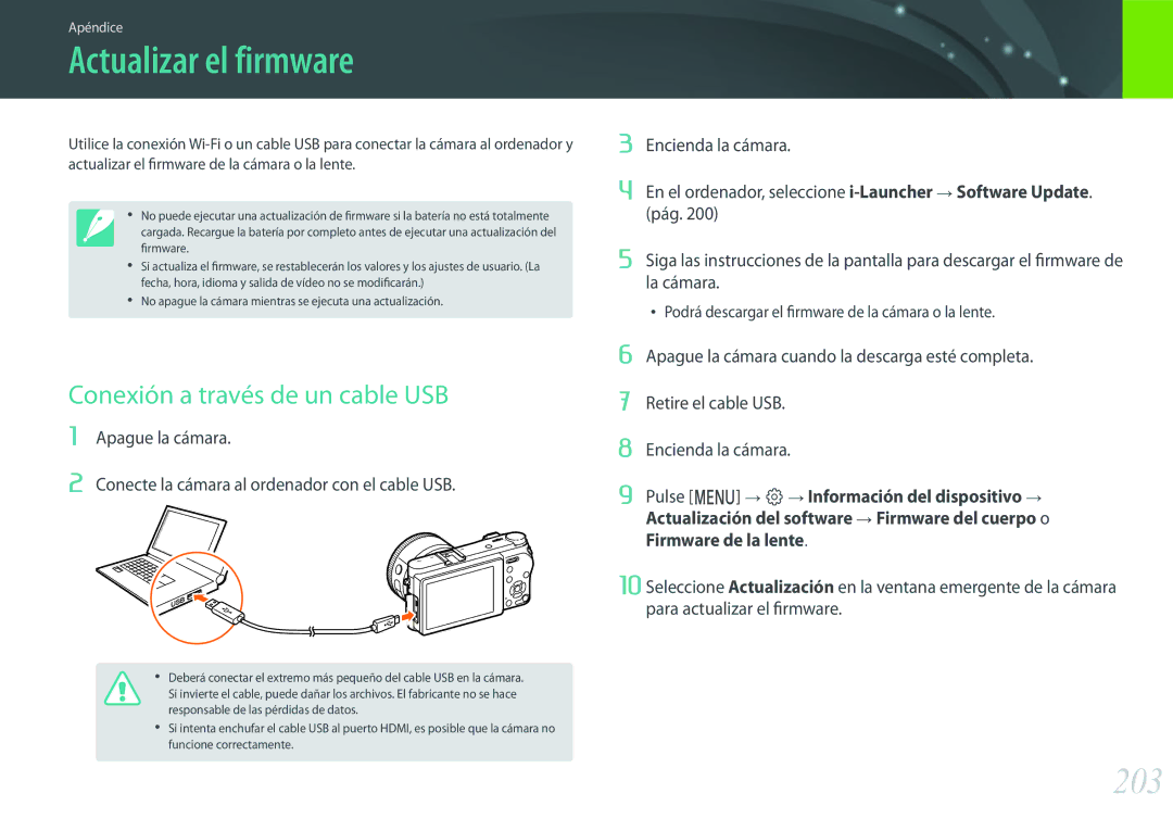 Samsung EV-NX500ZBMIES, EV-NX500ZBMHES manual Actualizar el firmware, 203, Conexión a través de un cable USB 