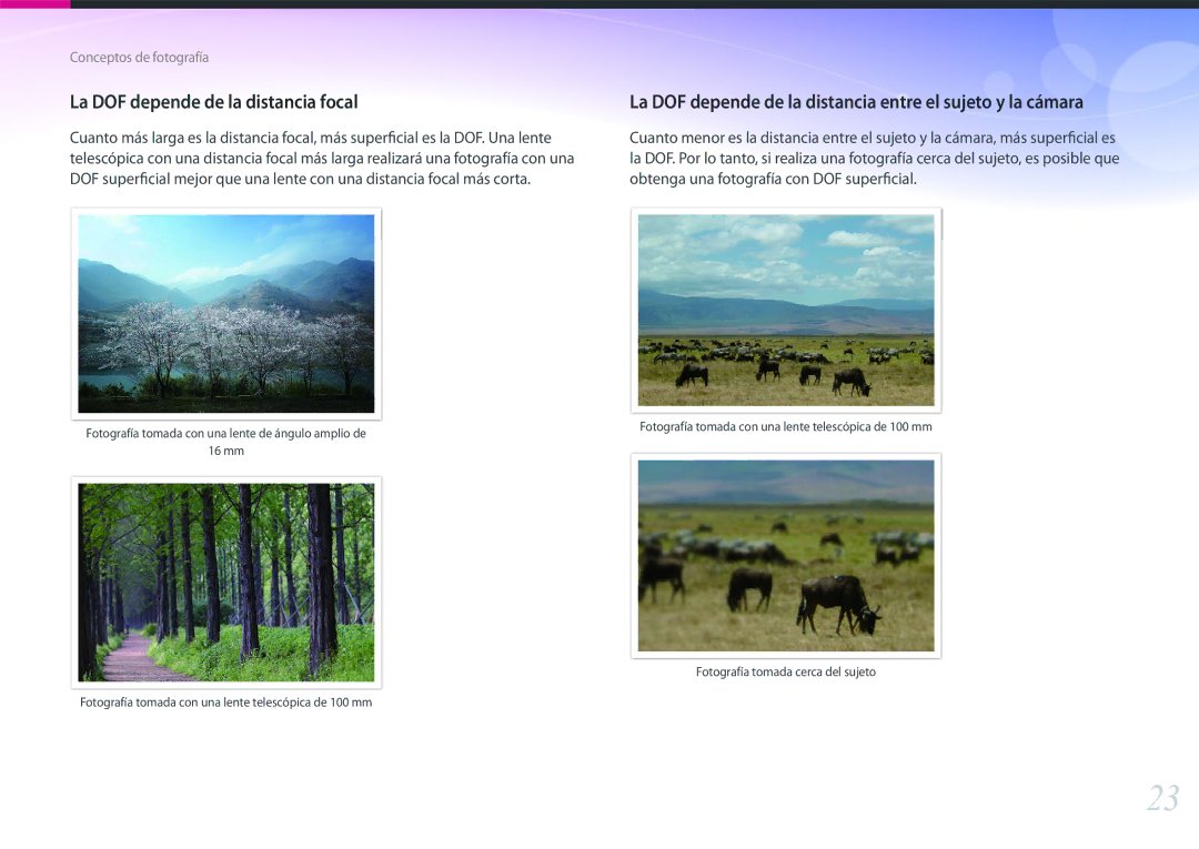 Samsung EV-NX500ZBMIES La DOF depende de la distancia focal, La DOF depende de la distancia entre el sujeto y la cámara 