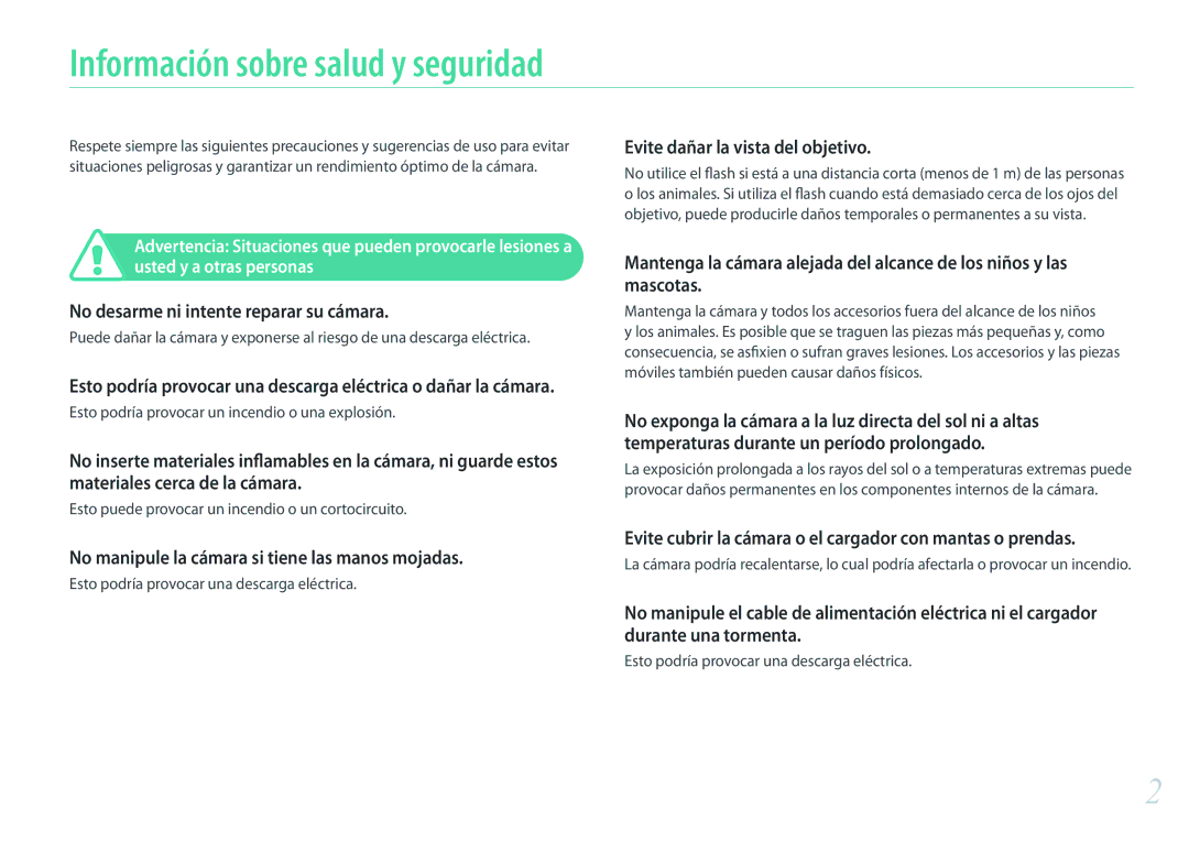 Samsung EV-NX500ZBMHES, EV-NX500ZBMIES manual Información sobre salud y seguridad, No desarme ni intente reparar su cámara 