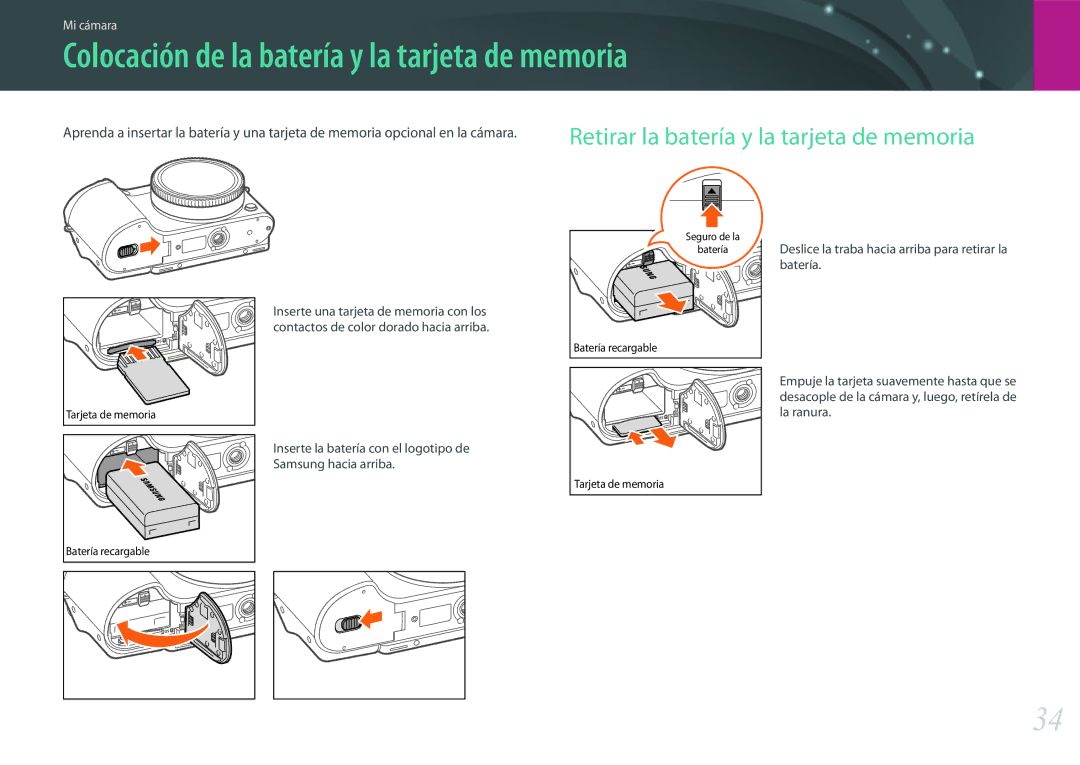 Samsung EV-NX500ZBMHES manual Colocación de la batería y la tarjeta de memoria, Retirar la batería y la tarjeta de memoria 