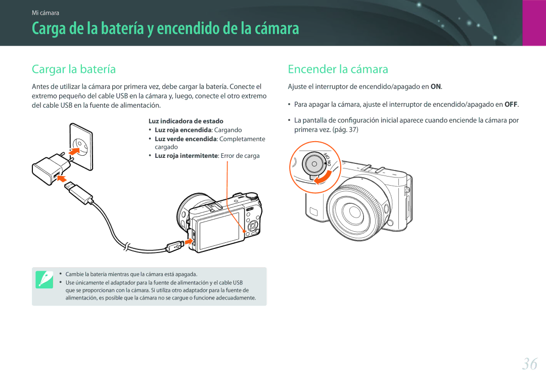 Samsung EV-NX500ZBMHES, EV-NX500ZBMIES Carga de la batería y encendido de la cámara, Cargar la batería, Encender la cámara 