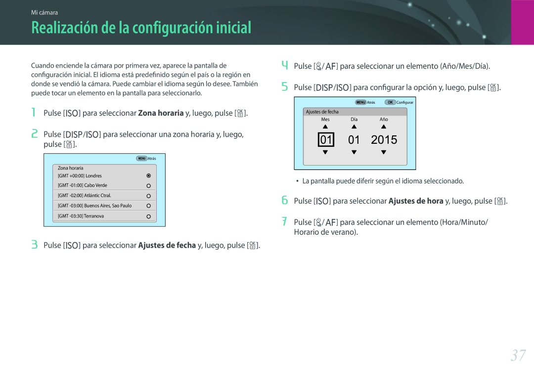 Samsung EV-NX500ZBMIES, EV-NX500ZBMHES Pulse I para seleccionar Zona horaria y, luego, pulse o, Pulse o, Horario de verano 