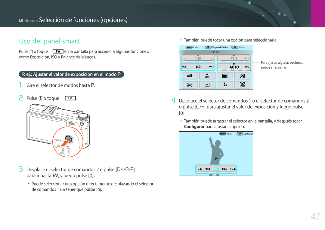 Samsung EV-NX500ZBMHES manual Uso del panel smart, Ej. Ajustar el valor de exposición en el modo P, Pulse f o toque 