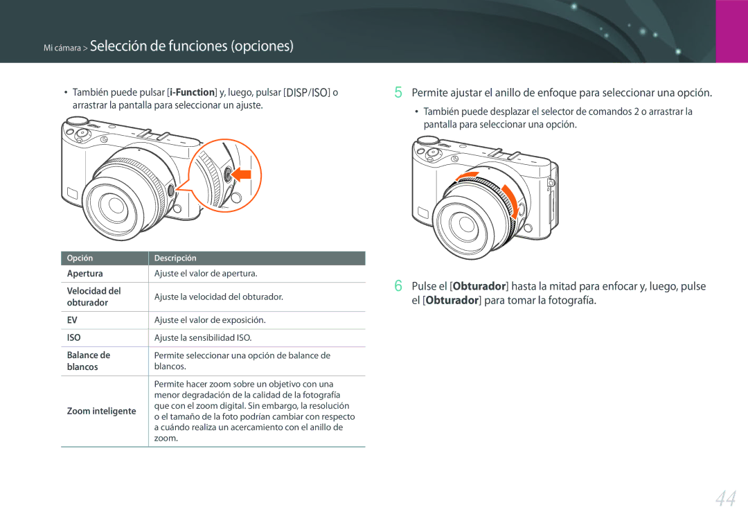 Samsung EV-NX500ZBMHES, EV-NX500ZBMIES manual Apertura, Balance de, Blancos, Zoom inteligente 