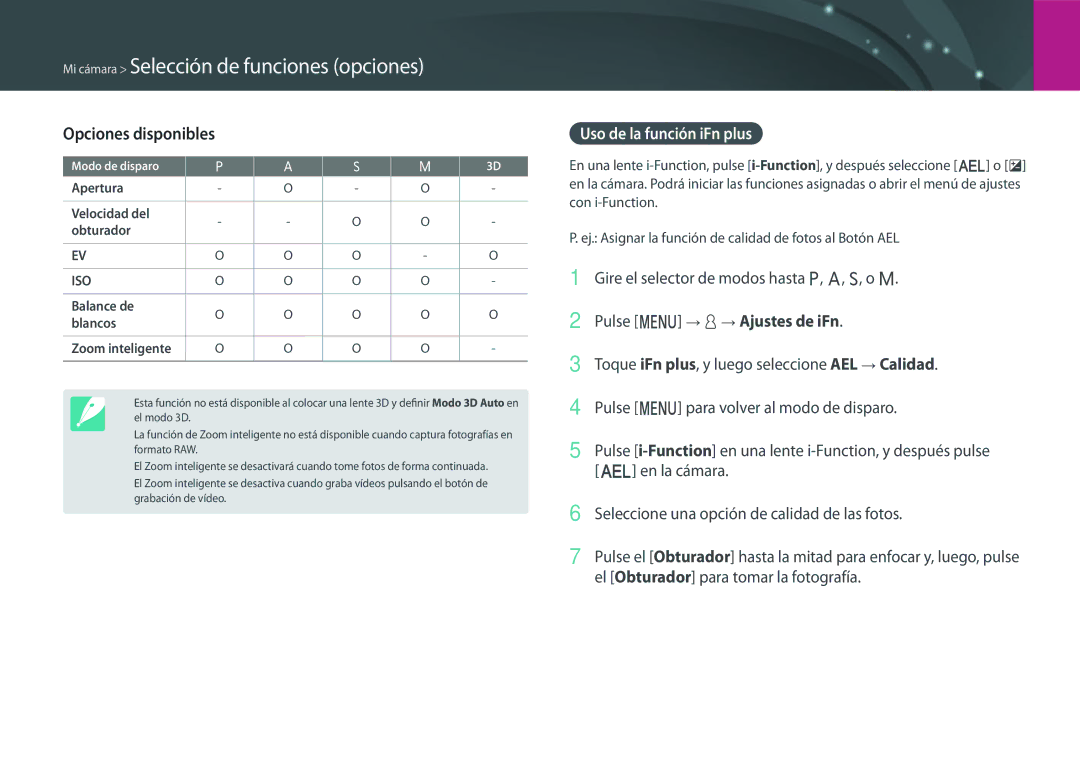 Samsung EV-NX500ZBMIES, EV-NX500ZBMHES manual Opciones disponibles, Uso de la función iFn plus, Pulse m d Ajustes de iFn 