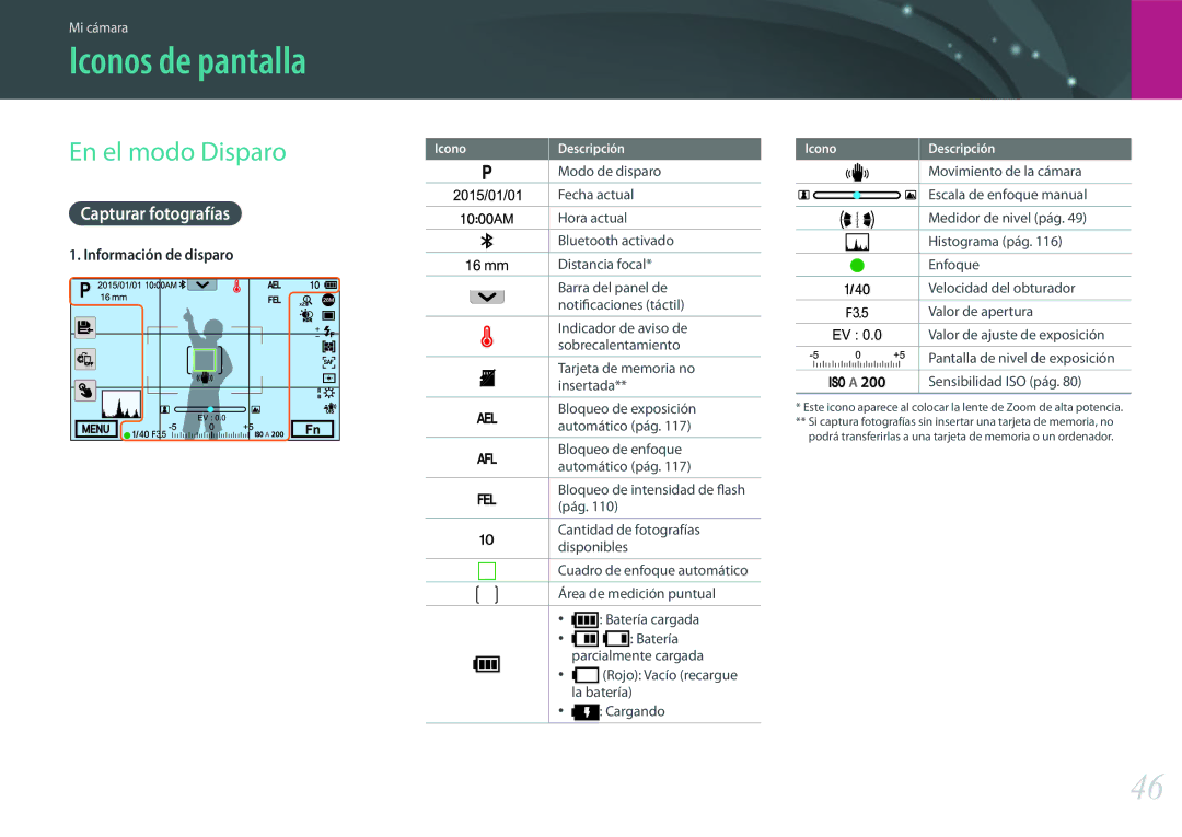 Samsung EV-NX500ZBMHES, EV-NX500ZBMIES manual Iconos de pantalla, Capturar fotografías 