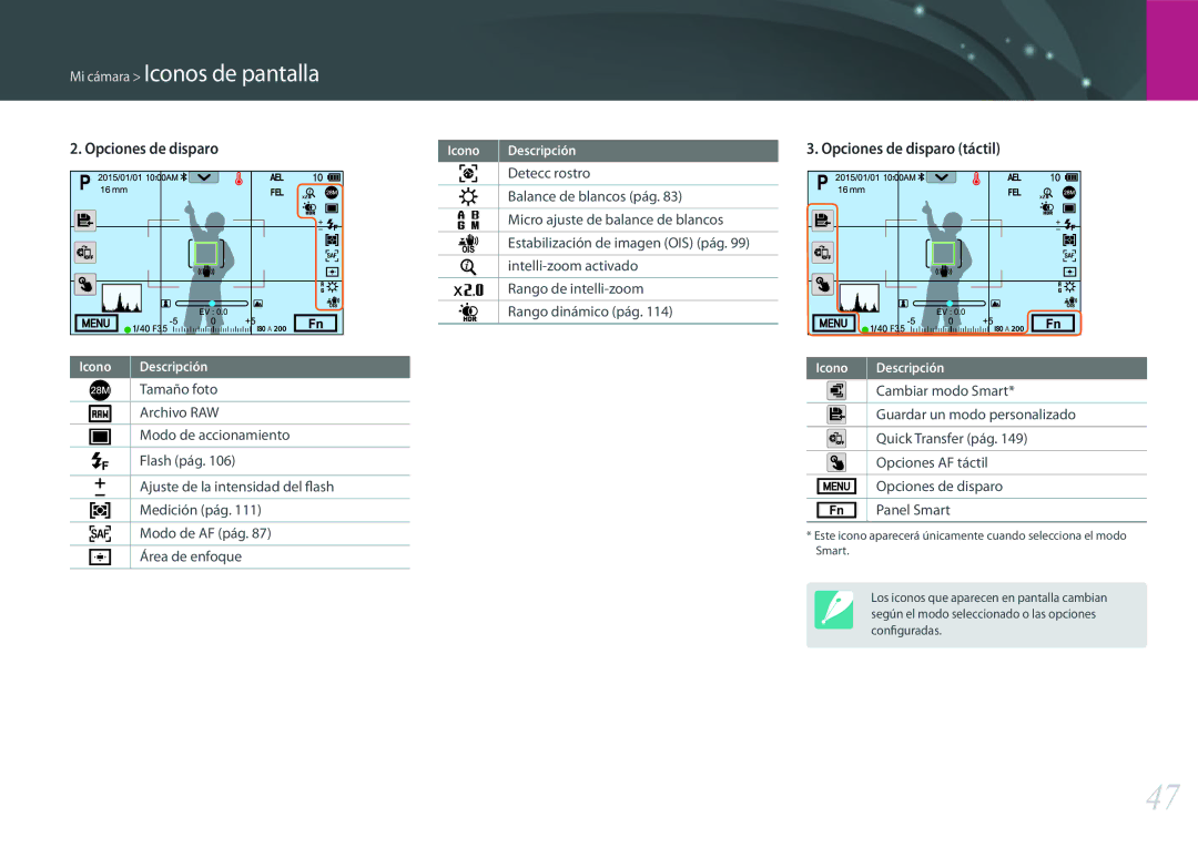 Samsung EV-NX500ZBMIES, EV-NX500ZBMHES manual Mi cámara Iconos de pantalla 