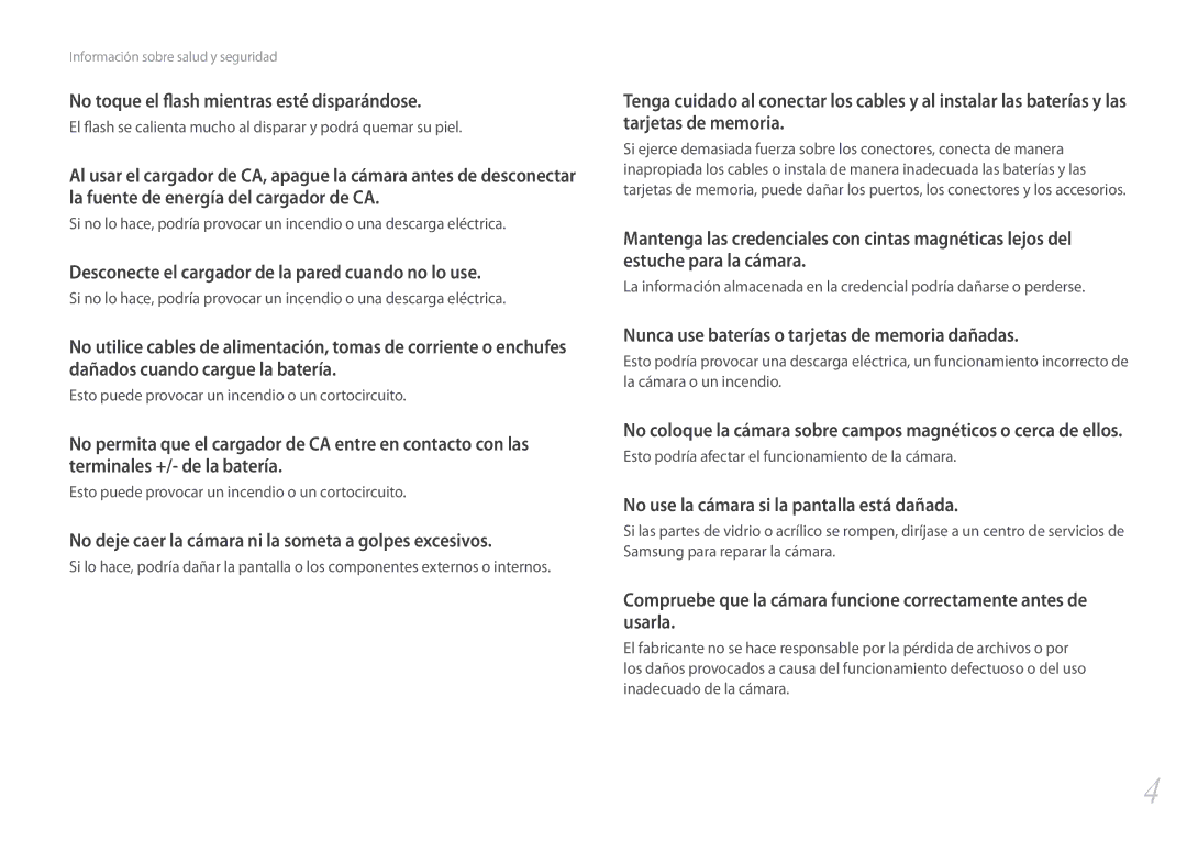 Samsung EV-NX500ZBMHES Desconecte el cargador de la pared cuando no lo use, No use la cámara si la pantalla está dañada 