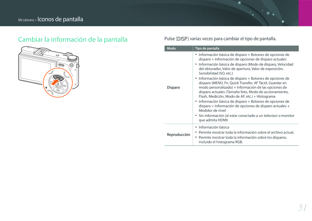 Samsung EV-NX500ZBMIES manual Cambiar la información de la pantalla, Pulse D varias veces para cambiar el tipo de pantalla 