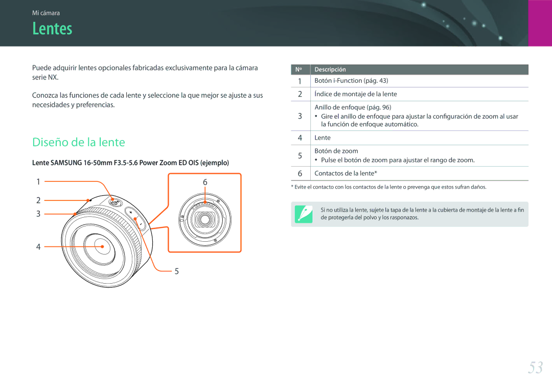 Samsung EV-NX500ZBMIES, EV-NX500ZBMHES manual Lentes, Diseño de la lente, Contactos de la lente 