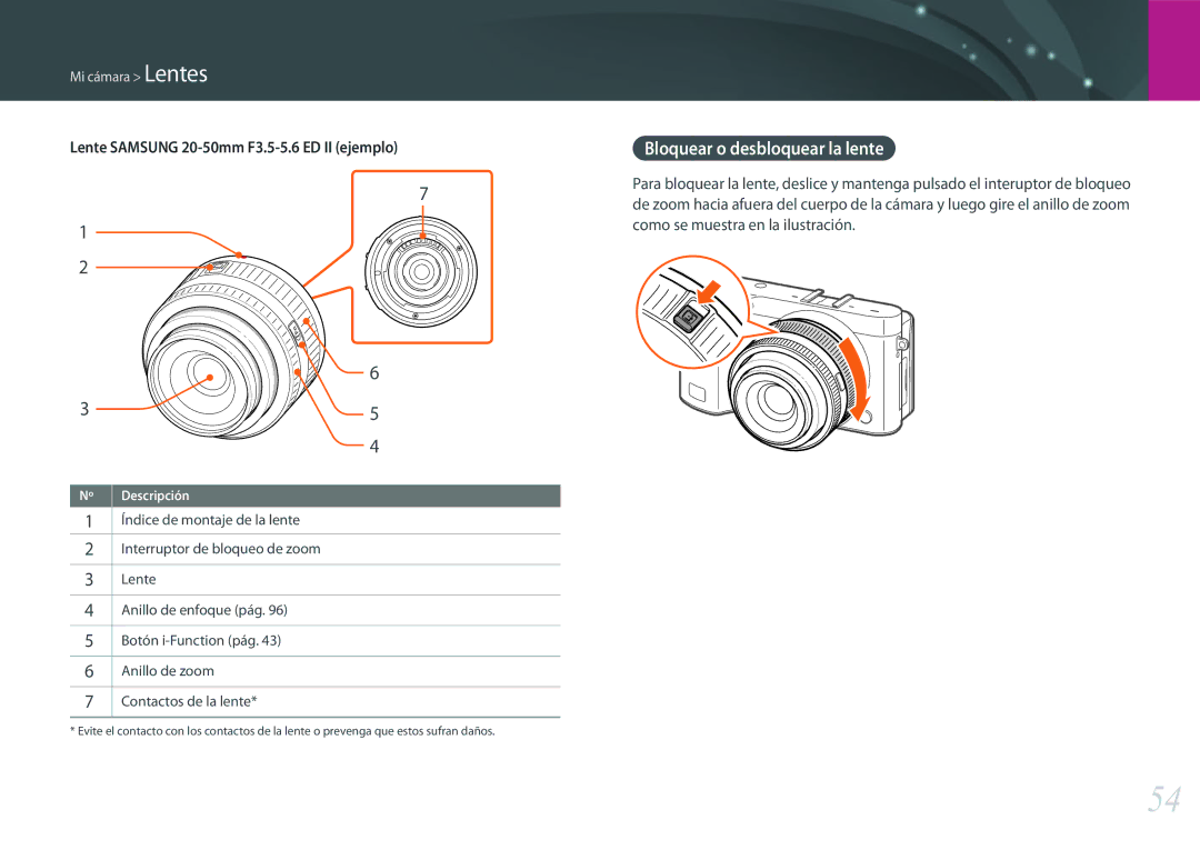 Samsung EV-NX500ZBMHES, EV-NX500ZBMIES manual Bloquear o desbloquear la lente, Lente Samsung 20-50mm F3.5-5.6 ED II ejemplo 