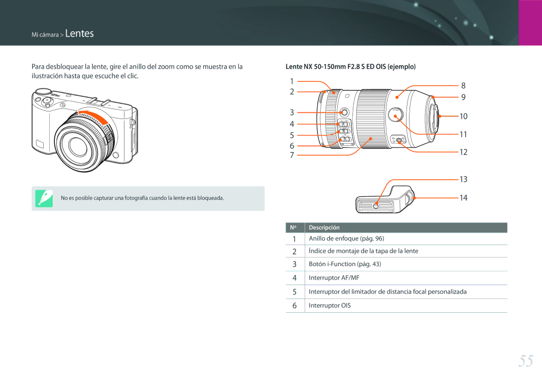 Samsung EV-NX500ZBMIES, EV-NX500ZBMHES manual Lente NX 50-150mm F2.8 S ED OIS ejemplo 