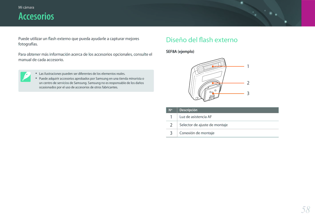 Samsung EV-NX500ZBMHES, EV-NX500ZBMIES manual Accesorios, Diseño del flash externo 