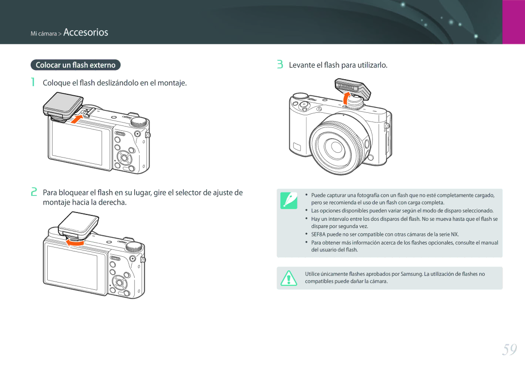 Samsung EV-NX500ZBMIES, EV-NX500ZBMHES manual Colocar un flash externo, Montaje, Levante el flash para utilizarlo 