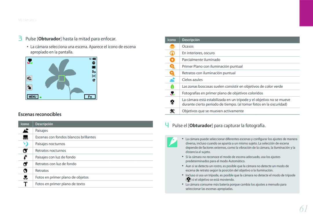 Samsung EV-NX500ZBMIES, EV-NX500ZBMHES manual Escenas reconocibles, Pulse Obturador hasta la mitad para enfocar 