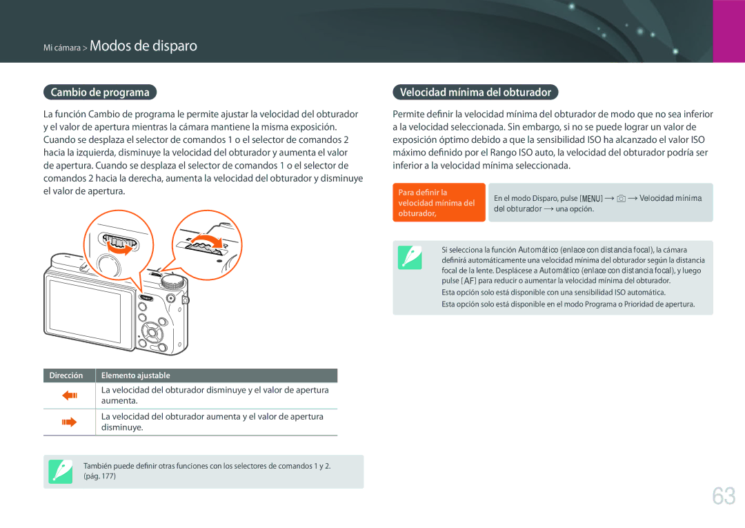 Samsung EV-NX500ZBMIES, EV-NX500ZBMHES manual Cambio de programa, Velocidad mínima del obturador, Aumenta, Disminuye 