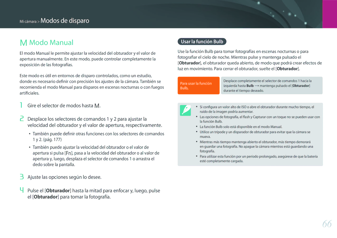 Samsung EV-NX500ZBMHES, EV-NX500ZBMIES manual Modo Manual, Gire el selector de modos hasta M, Usar la función Bulb 