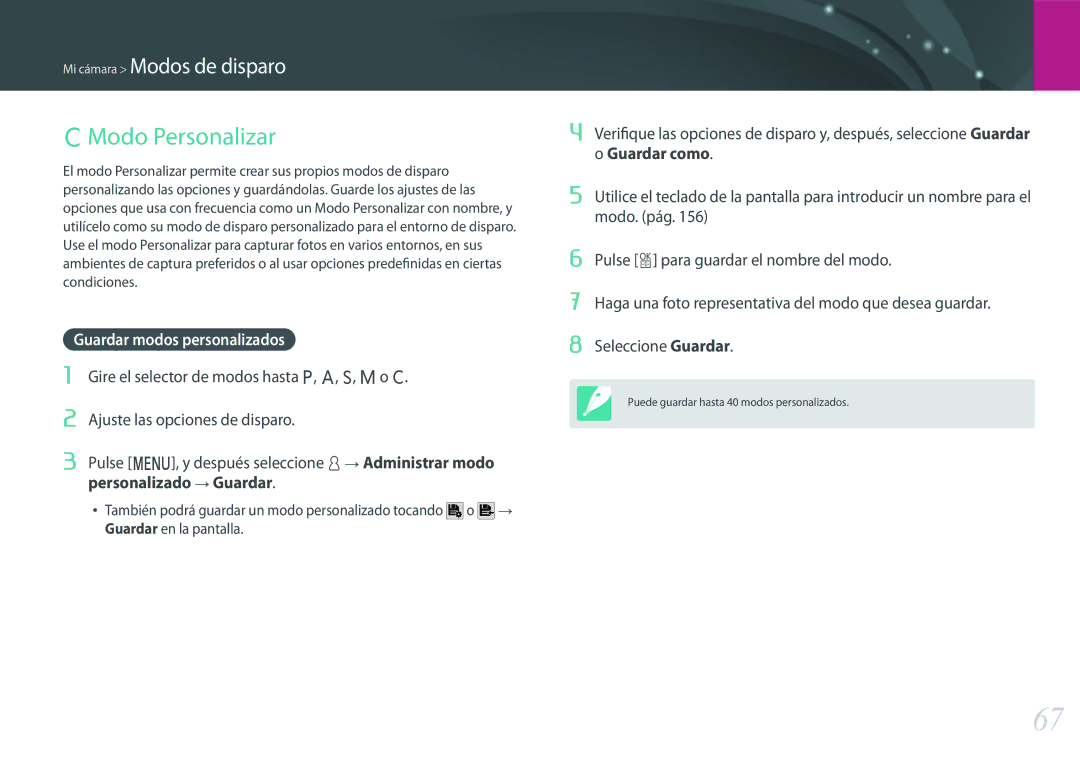 Samsung EV-NX500ZBMIES manual Modo Personalizar, Guardar modos personalizados, Personalizado Guardar, Guardar como 