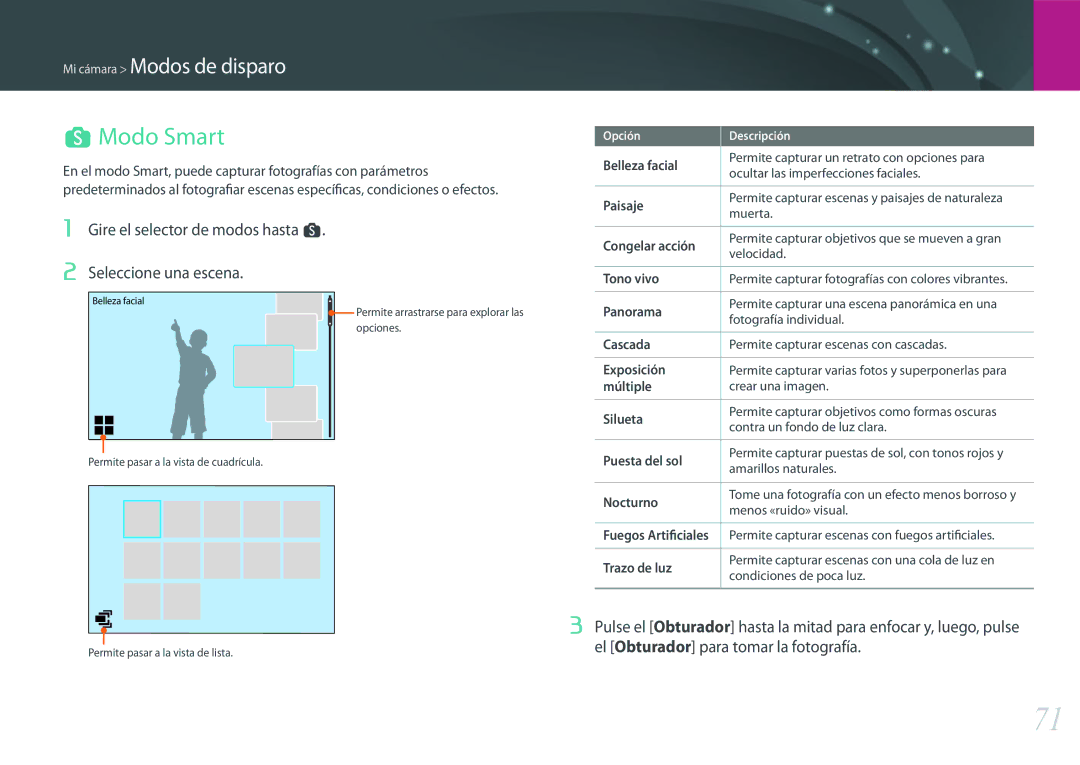 Samsung EV-NX500ZBMIES, EV-NX500ZBMHES manual Modo Smart, Gire el selector de modos hasta s Seleccione una escena 