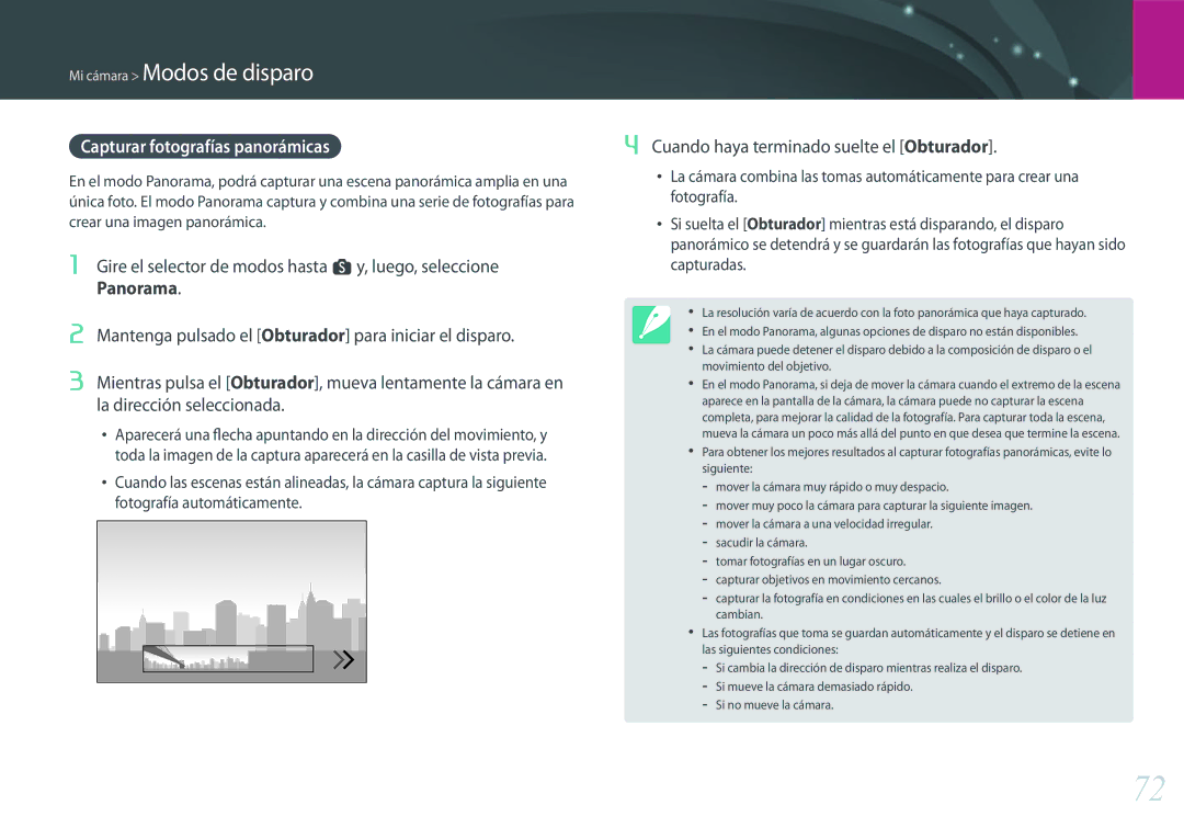 Samsung EV-NX500ZBMHES, EV-NX500ZBMIES manual Capturar fotografías panorámicas, Panorama 