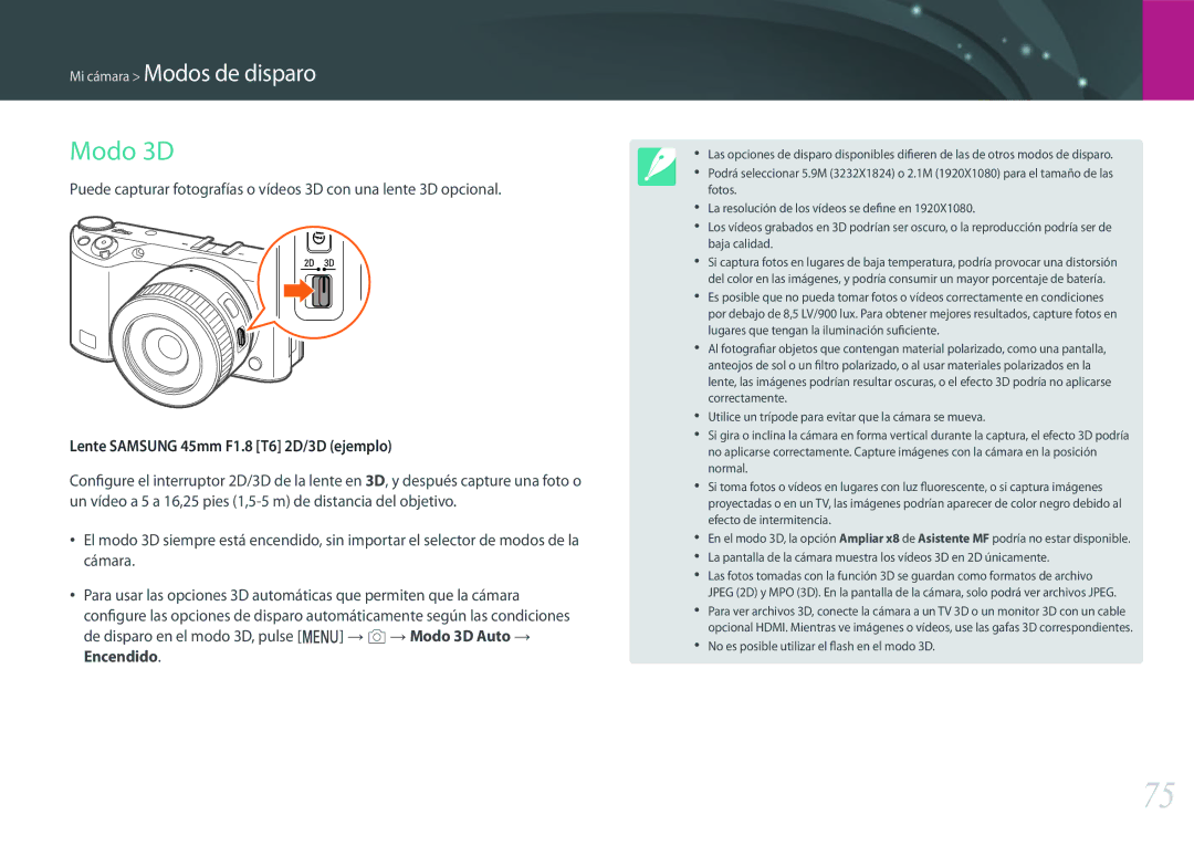 Samsung EV-NX500ZBMIES, EV-NX500ZBMHES manual Modo 3D, Lente Samsung 45mm F1.8 T6 2D/3D ejemplo 