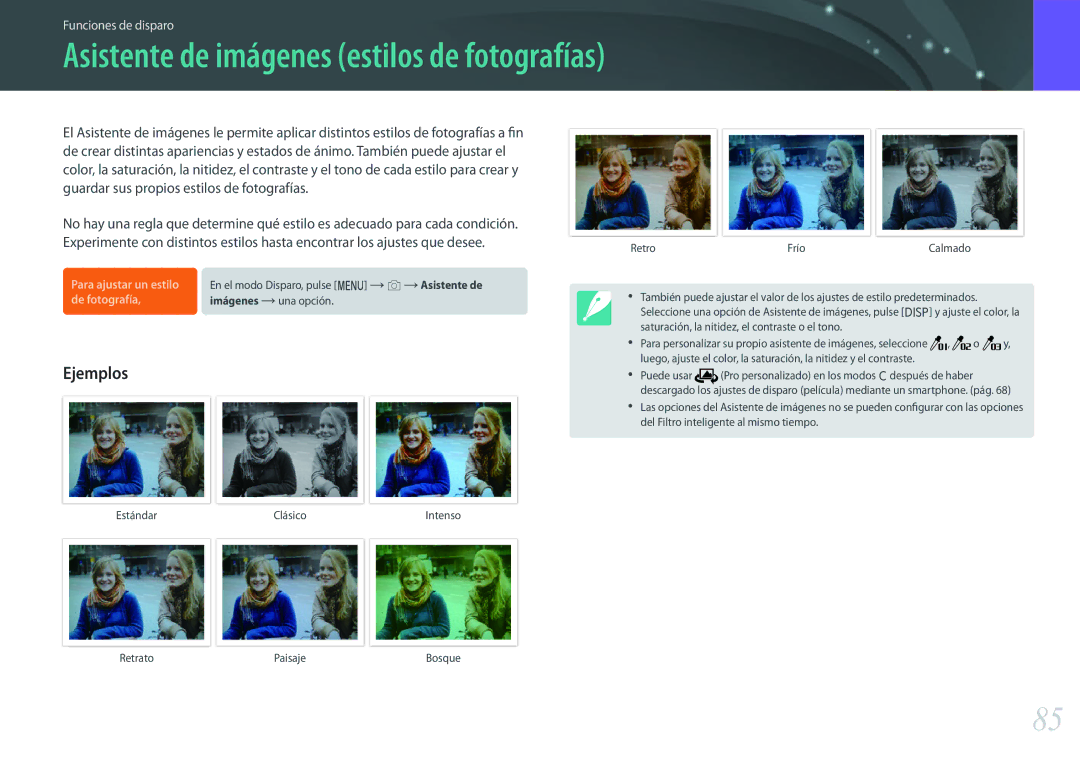 Samsung EV-NX500ZBMIES, EV-NX500ZBMHES manual Asistente de imágenes estilos de fotografías, RetroFríoCalmado 