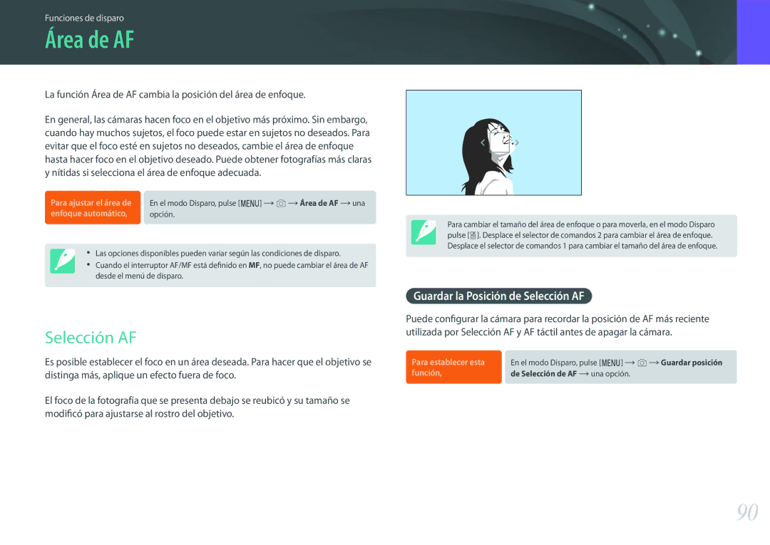 Samsung EV-NX500ZBMHES, EV-NX500ZBMIES manual Área de AF, Guardar la Posición de Selección AF 