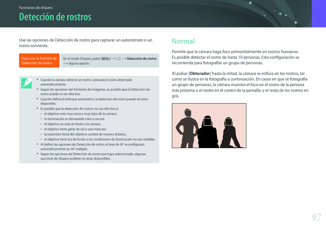Samsung EV-NX500ZBMHES, EV-NX500ZBMIES manual Detección de rostros, Normal 