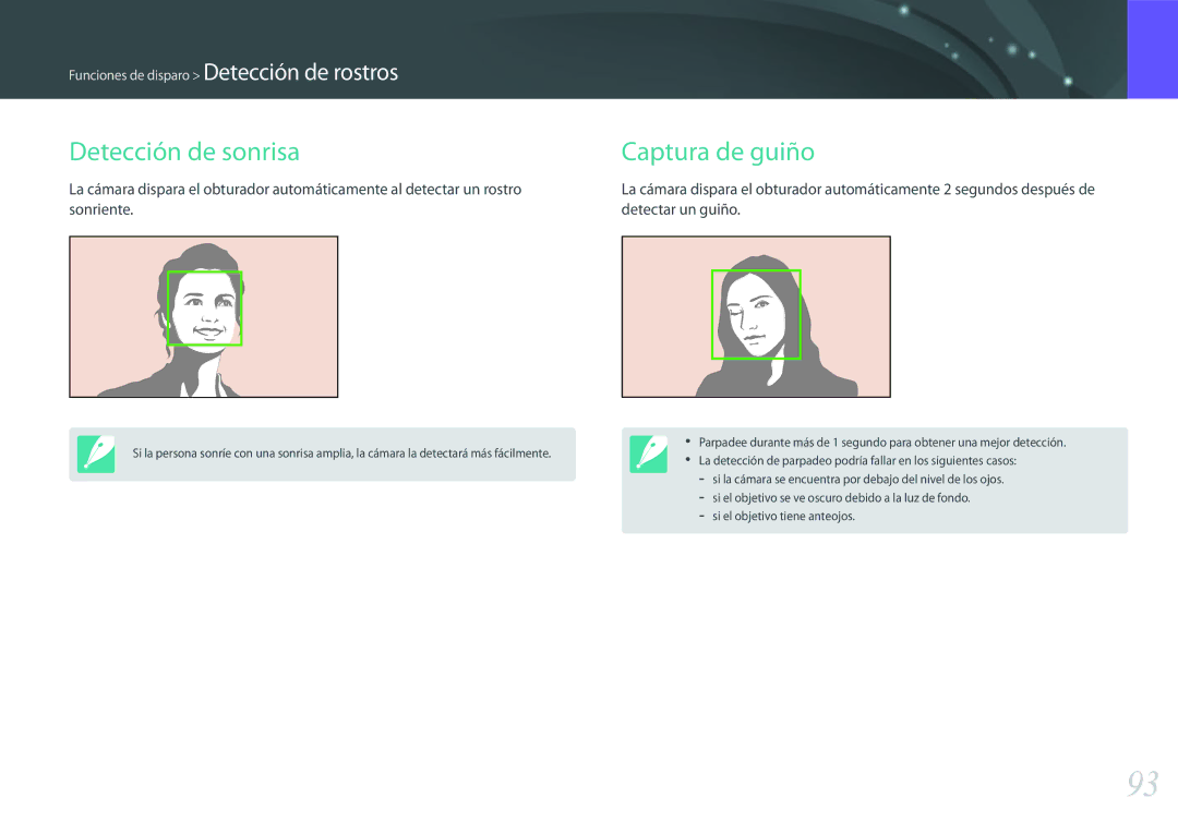 Samsung EV-NX500ZBMIES, EV-NX500ZBMHES manual Detección de sonrisa Captura de guiño, Sonriente Detectar un guiño 