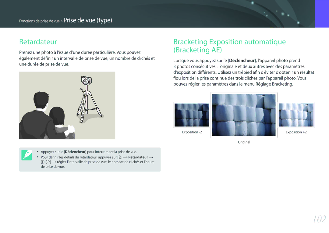 Samsung EV-NX500ZBMHFR, EV-NX500ZBMIFR manual 102, Retardateur, Bracketing Exposition automatique Bracketing AE 