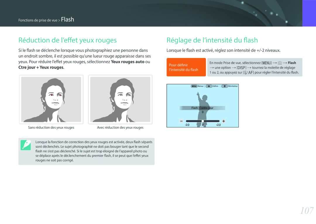 Samsung EV-NX500ZBMIFR, EV-NX500ZBMHFR manual 107, Réduction de l’effet yeux rouges, Réglage de l’intensité du flash 