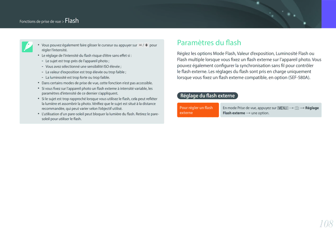 Samsung EV-NX500ZBMHFR, EV-NX500ZBMIFR manual 108, Paramètres du flash 