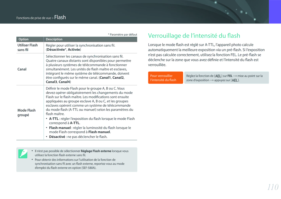 Samsung EV-NX500ZBMHFR, EV-NX500ZBMIFR manual 110, Verrouillage de l’intensité du flash 