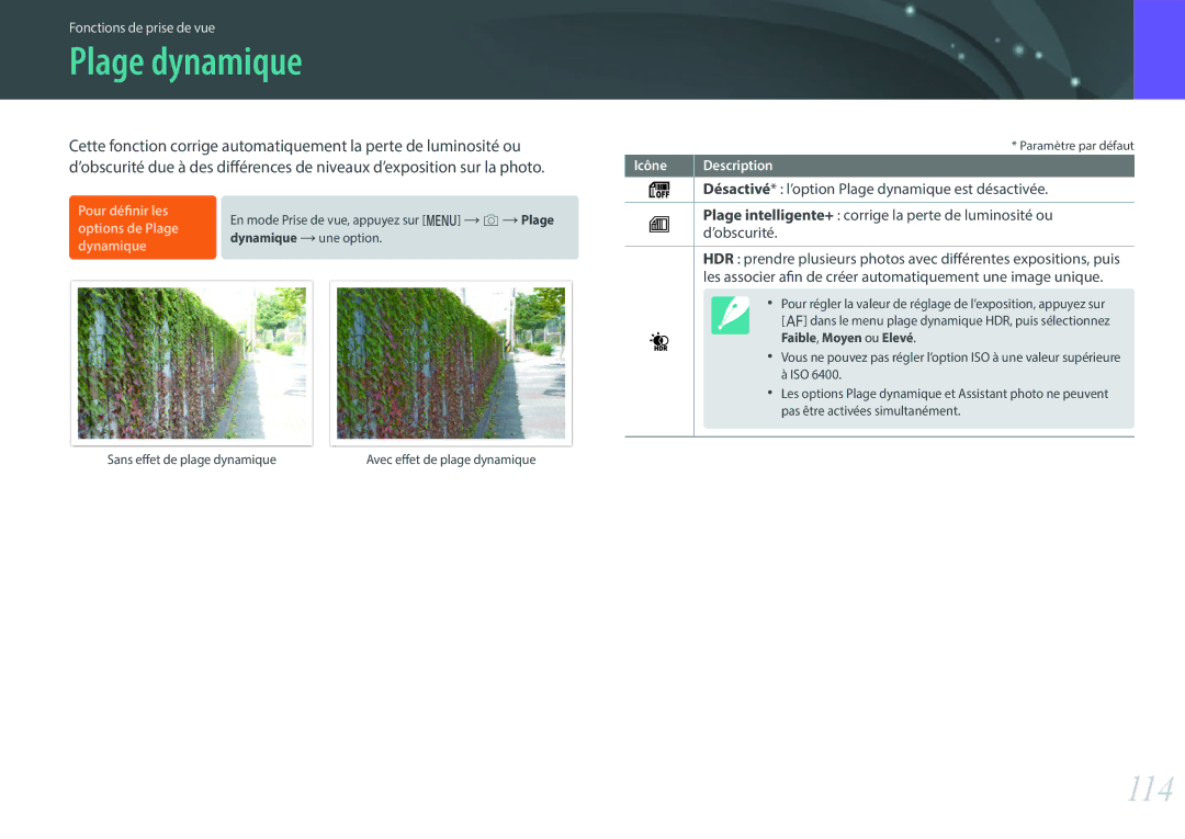 Samsung EV-NX500ZBMHFR, EV-NX500ZBMIFR manual Plage dynamique, 114 