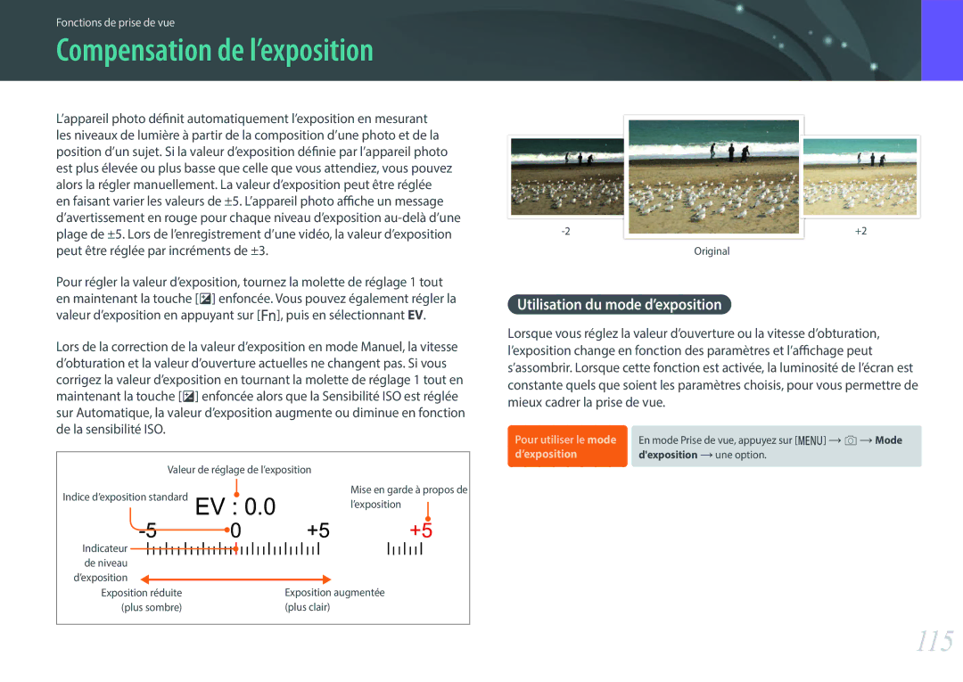 Samsung EV-NX500ZBMIFR, EV-NX500ZBMHFR manual 115, Utilisation du mode d’exposition 