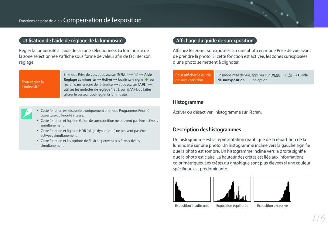 Samsung EV-NX500ZBMHFR 116, Histogramme, Description des histogrammes, Utilisation de l’aide de réglage de la luminosité 