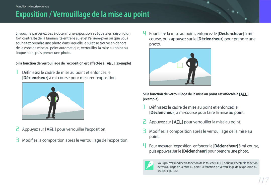Samsung EV-NX500ZBMIFR, EV-NX500ZBMHFR manual Exposition / Verrouillage de la mise au point, 117 