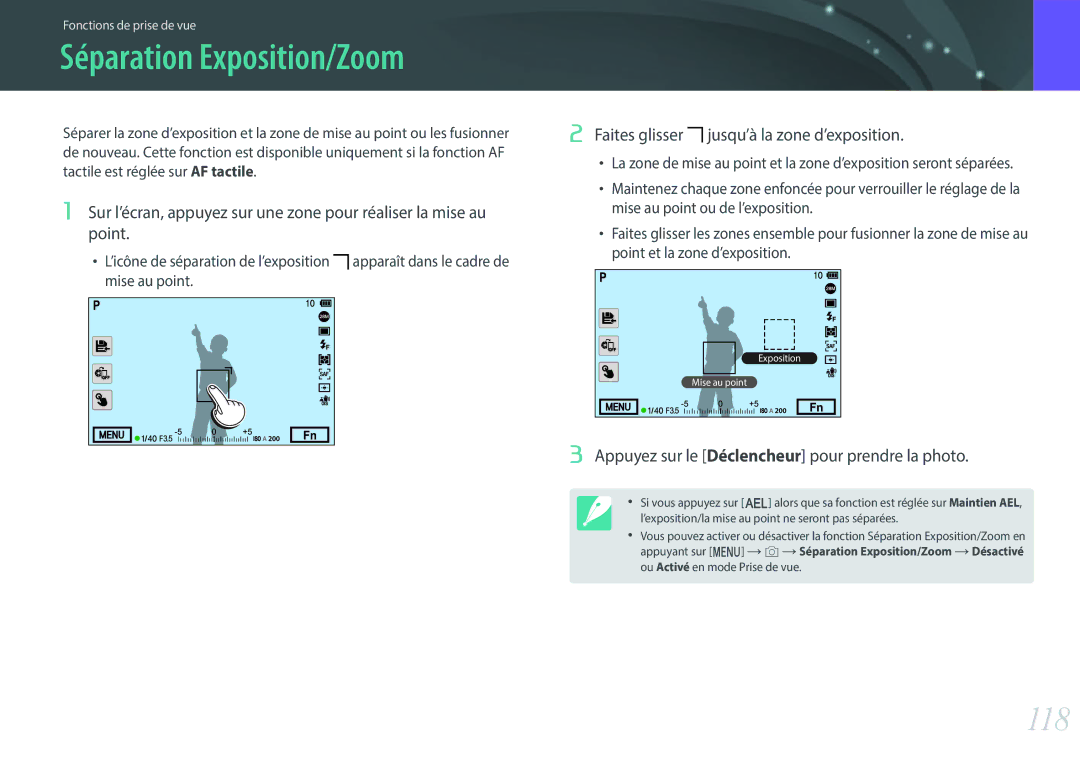 Samsung EV-NX500ZBMHFR, EV-NX500ZBMIFR manual Séparation Exposition/Zoom, 118, Faites glisser jusqu’à la zone d’exposition 