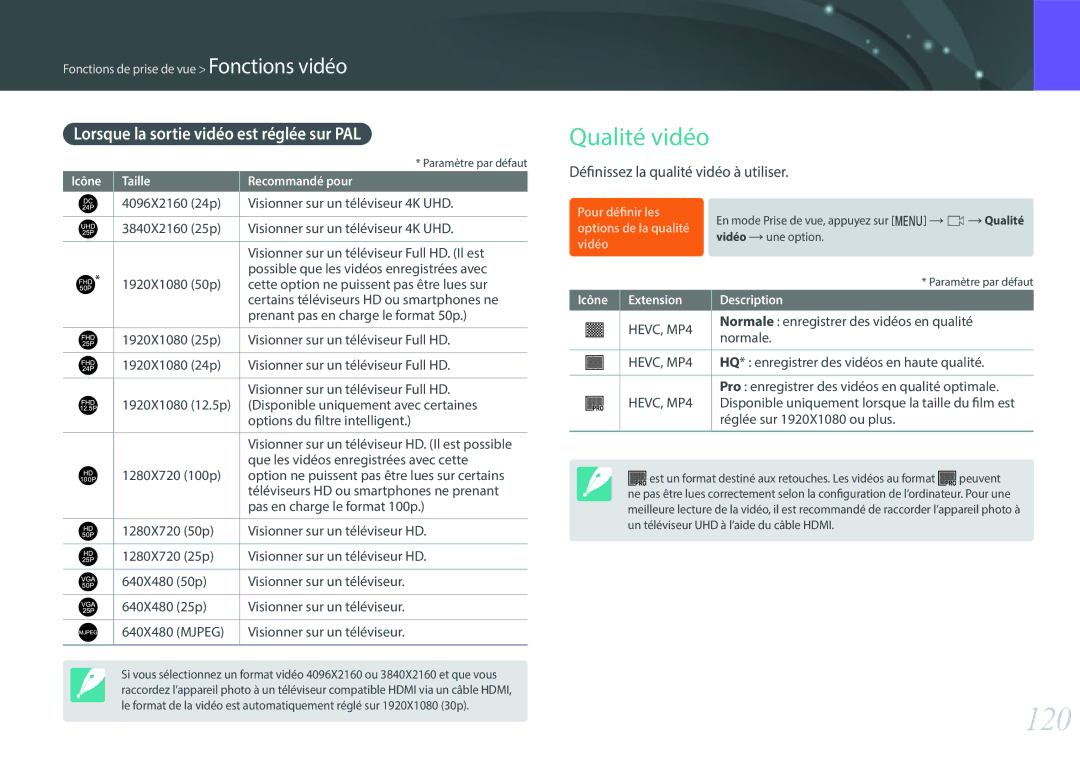 Samsung EV-NX500ZBMHFR, EV-NX500ZBMIFR manual 120, Qualité vidéo, Lorsque la sortie vidéo est réglée sur PAL 