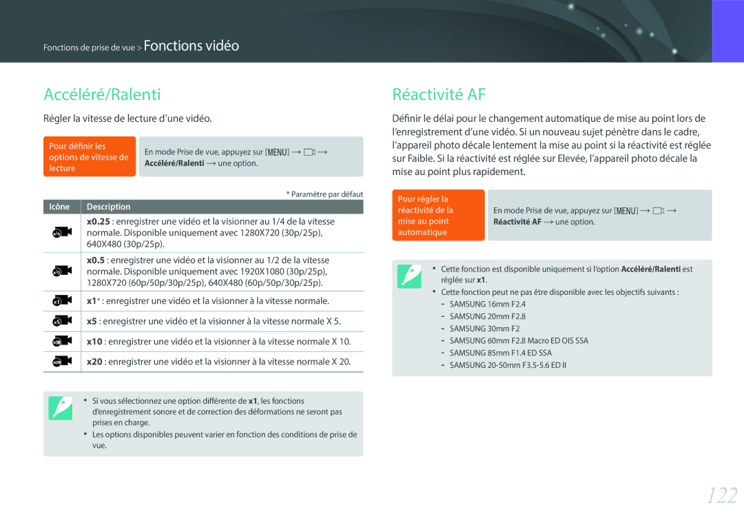 Samsung EV-NX500ZBMHFR, EV-NX500ZBMIFR manual 122, Accéléré/Ralenti, Réactivité AF, Régler la vitesse de lecture d’une vidéo 