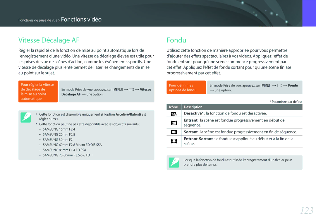 Samsung EV-NX500ZBMIFR, EV-NX500ZBMHFR manual 123, Vitesse Décalage AF, Fondu 